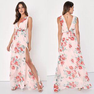 NWT Lulus Garden Meandering Blush Floral Maxi Dress Slit Plunging V-Neck Small